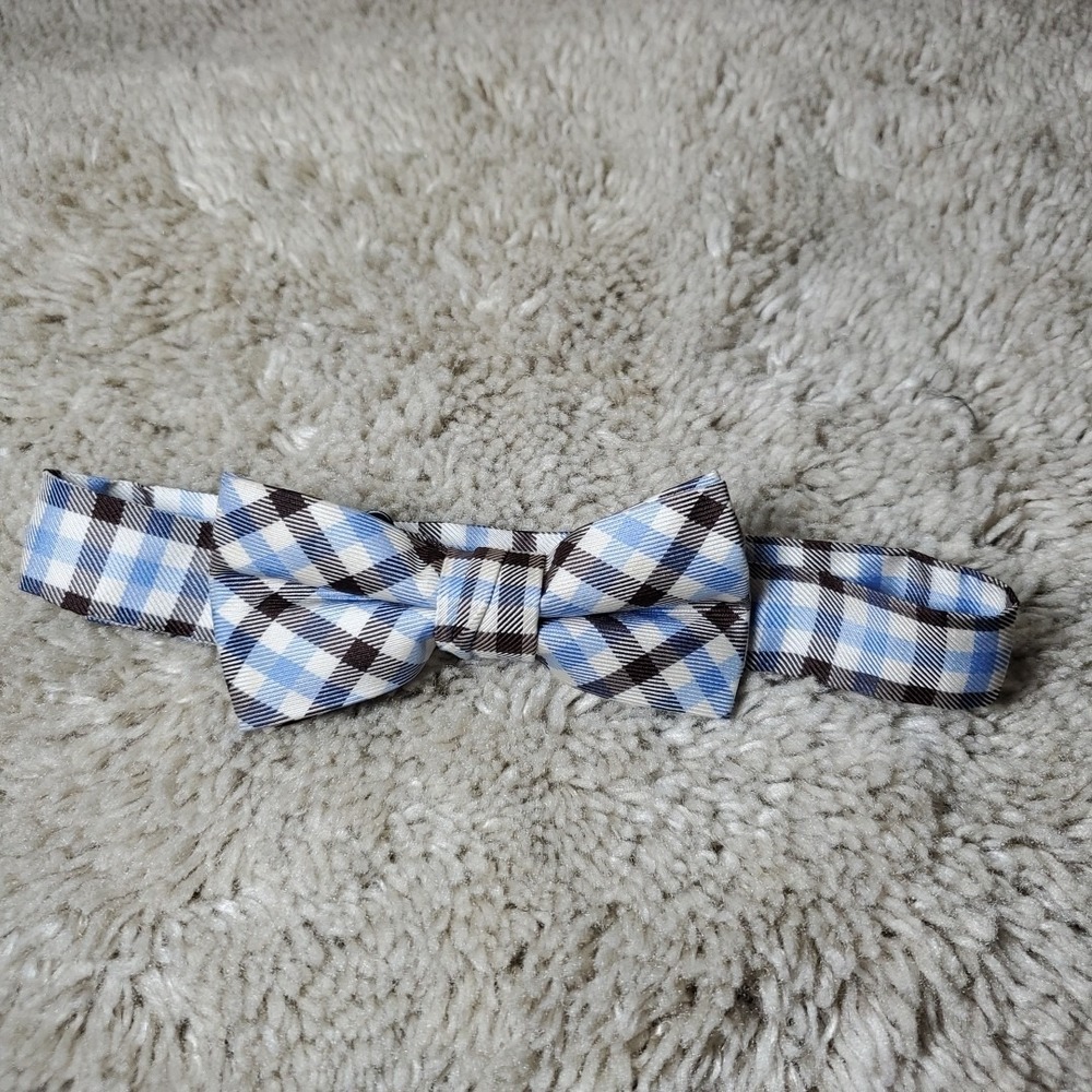 Lord & Taylor Boys Bow Tie Blue Brown Gingham Check Silk Formal Wedding Dress
